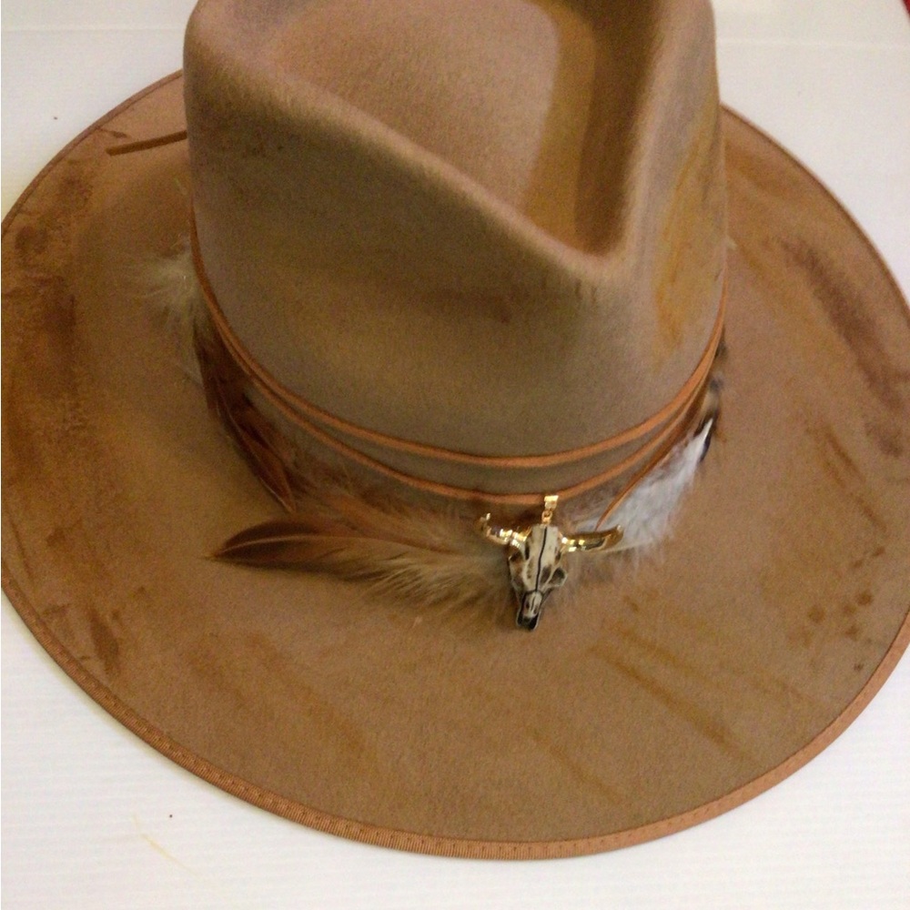 Tan Fedora Hat with Feather Accent